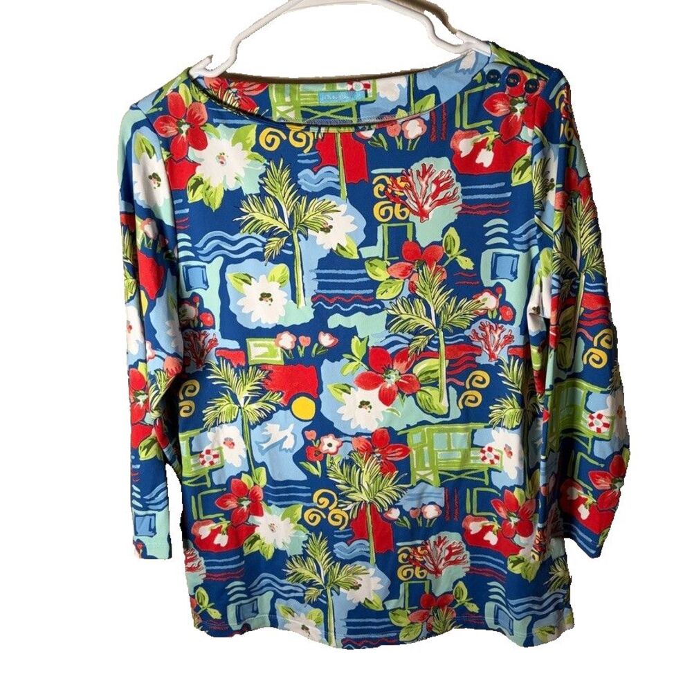 J McLaughlin Blouse Women's Medium Floral 3/4 Sleeve Colorful Tropical Shirt